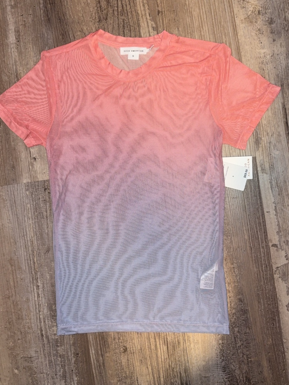 Good American Sunset Gradient Mesh Baby Tee Short Sleeve Top Pink Blue Small NWT